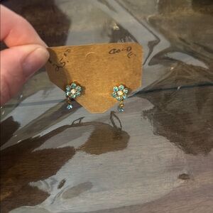 Vintage Dangle gem clip on Gold and Blue Floral Earrings